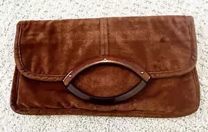 Vintage Damen Handtasche Wildleder Lucite Griffe Fold Over Clutch Schokobraun - Bild 1 von 12