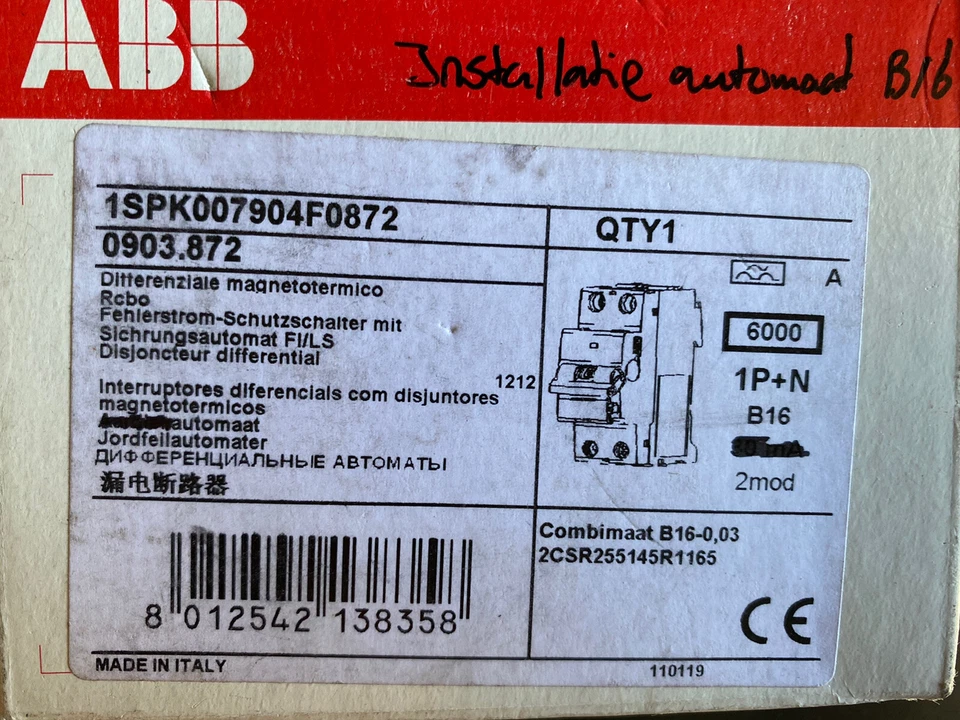 ABB Hafonorm Earth Leakage Circuit Breaker 2P 16A 0.03A B - 1SPK007904F0872 - Image 1 of 1