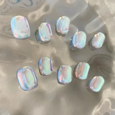 Handmade Iridescent Aurora False Nail Short Squoval Press on Nails for Nail Art - Image 1 of 4