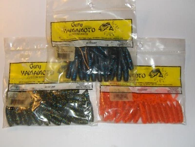 3 Pks of 20 Gary Yamamoto Custom Baits 4" Single Tail Grubs #40-20-214, 155, 133