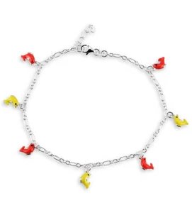Silver Dolphin Anklet, 925 Sterling Red Yellow Dolphin Jewlery - S-504 - Picture 1 of 1
