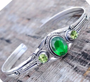 Chrome Diopside, Peridot Gemstone Bracelet 925 Sterling Silver Cuff Man's Bangle - Picture 1 of 6
