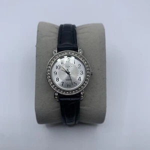 Studio Time STD3159W Women's Silver Tone Quartz Watch Jeweled Bezel Black Band - Picture 1 of 10