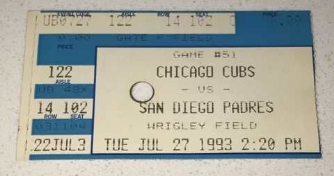 7/27/93 San Diego Padres Chicago Cubs MLB Used Ticket Stub Tony Gwynn x (5) Hits Cover