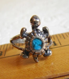 Vintage Navajo Turquoise Inlay TURTLE Silver RING, Size 5, Native American D70 - Picture 1 of 9