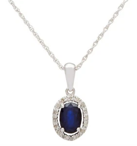 10k White Gold Oval Genuine Sapphire and Diamond Halo Necklace - Picture 1 of 5