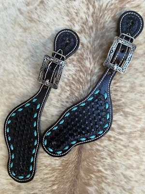 Dark Brown Leather Adult Western Basketweave Tooled Spur Straps - Image 1 of 4