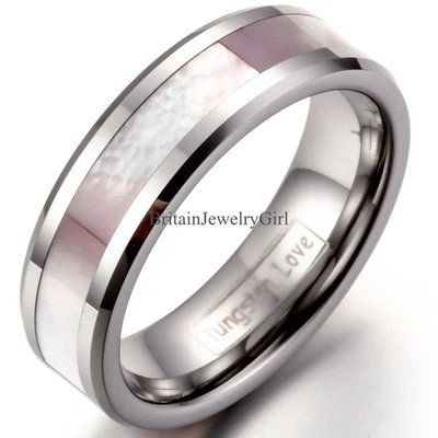 Anillo de carburo de tungsteno con incrustación de concha rosa de 6 mm para mujer #4-13 Foto 1 de 4