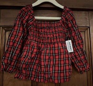 NWT Old Navy Long Sleeve Smocked Shirred Red Plaid Back Cut-out Bow Size X-Small - Picture 1 of 13