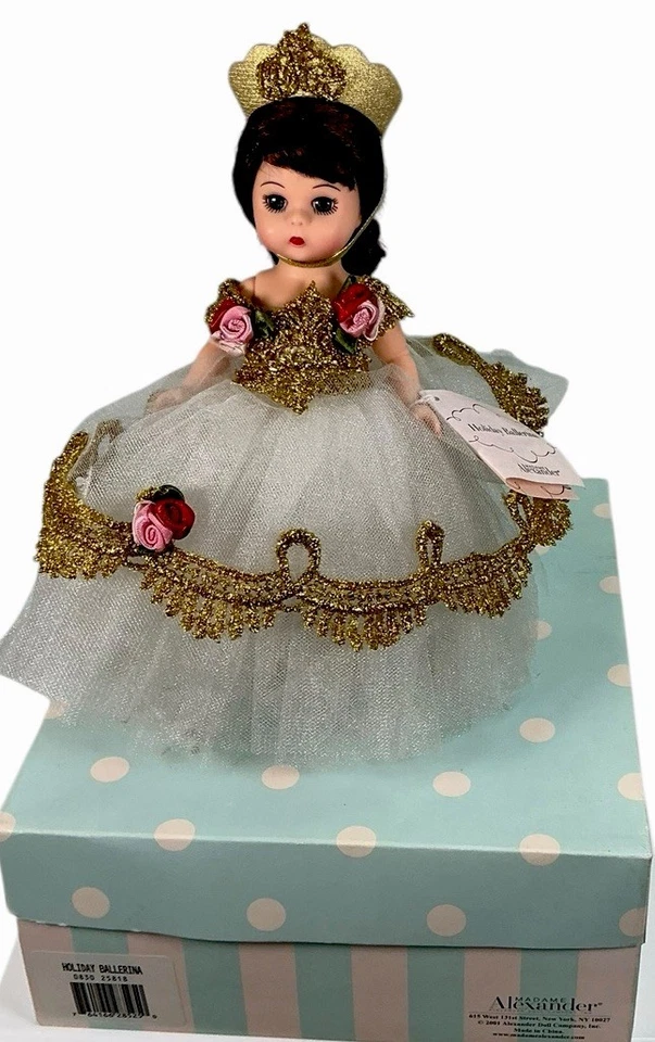 Vtg 2001 Madame Alexander Holiday Ballerina # 28525 Blanco con vestido dorado EUC Foto 1 de 4