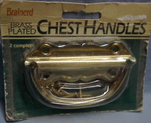 VINTAGE HARDWARE PAIR 3 1/2"  BRASS PLATED CHEST HANDLES NEW OLD STOCK - Picture 1 of 3