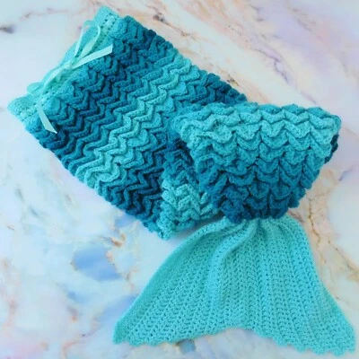 Manta de regazo tejida a ganchillo cola de sirena hecha a mano para niños azul aguamarina mar 40" Foto 1 de 4