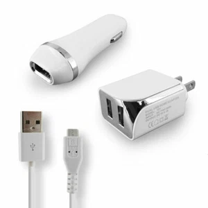 White Color 2.1A Car Charger Adapter + Wall Home Charger + 5ft USB Cord Cable  - Picture 1 of 3