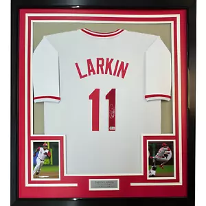 Framed Autographed/Signed Barry Larkin 33x42 Cincinnati White Jersey BAS COA - Picture 1 of 2