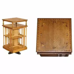 VERY RARE ART NOUVEAU OAK & SAMPLE WOOD INLAID REVOLVING BOOKCASE SIDE END TABLE - Picture 1 of 12