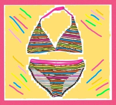 NIÑAS NUEVO CON ETIQUETAS 11-12 AUDAZ Y BRILLANTE MULTICOLOR BRILLANTE LÁMINA TRIÁNGULO TOP BIKINI Foto 1 de 4