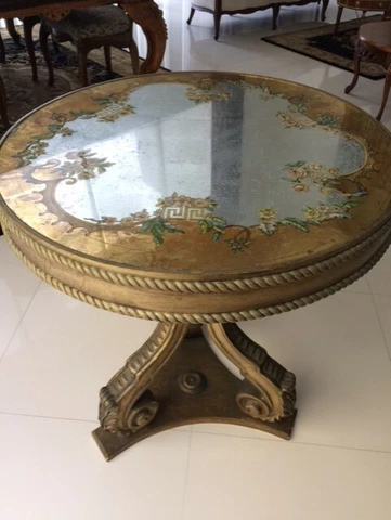 Antique Italian Style Reverse Painted Glass Carved Gold Wood Hall Table Console Cover
