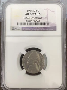1964 D 5C MINT ERROR NGC AU DETAILS EDGE DAMAGE JEFFERSON NICKEL - Picture 1 of 4