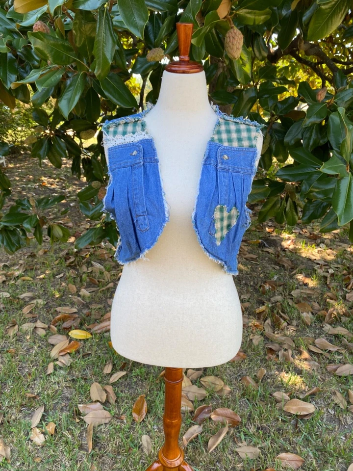 Vintage Denim and Gingham Repurposed Vest - Image 1 of 4