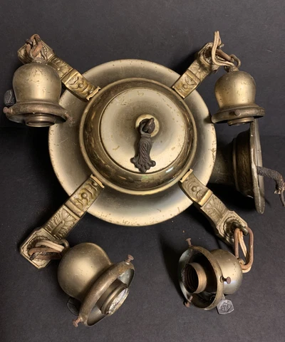 Antique 4 Arm Pan Light Brass Metal Ceiling Fixture Art Deco Nouveau 1930's Cover