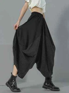 Black Urban Street Chic Vtg Boho Pagen Pinstripe Wide Leg Hareem Trouser 14 - Picture 1 of 21