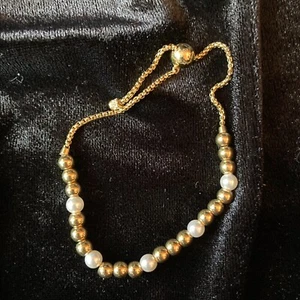 Michael Kors Slider Bracelet Adjustable Gold Tone Beads and Faux Pearl - Picture 1 of 13