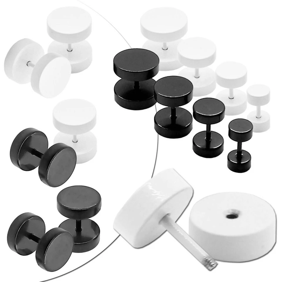 Fakeplugs Fake Plug Tunnel Piercing Ohrstecker Ohr Schwarz Weiß Hantel Edelstahl - Bild 1 von 1