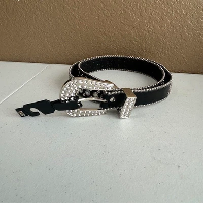 Women Black Bling Faux Leather Silver Metal Belt Small New Rhinestones Cowgirl - Image 1 of 4