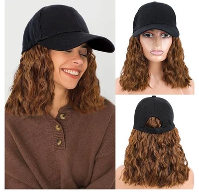 Boné de beisebol preto peruca feminina marrom claro onda curta comprimento do ombro cabelo novo - Imagem 1 de 3