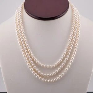 Vtg 14k Yellow Gold Clasp 3 Strand 4mm White Cultured Pearl 17" Tiered Necklace - Picture 1 of 4