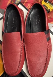 Gucci Men's Red Leather Loafers Size 11, Pre-Owned Dress Shoes with Dust Bags - Picture 1 of 10