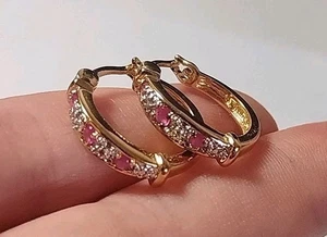 18kt Yellow Gold Over Sterling Silver Ruby Diamond Sparkle Hoop Earrings 3/4" - Picture 1 of 7