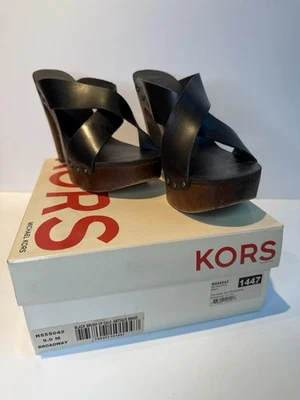 Kors Michael Kors Black Leather Criss Cross Platform Wood Heel 9M - Image 1 of 4