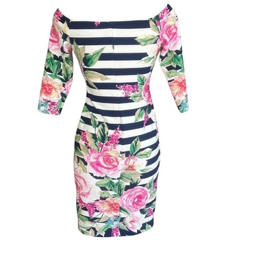 Eliza J Off Shoulder Striped Rose Floral Long Sleeve Dress Size 6 - Image 1 of 4