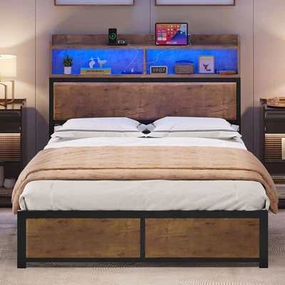 Full Size Bed Frame,LED Bed Frame with Headboard,USB Ports & Charging Outlets - Image 1 of 4