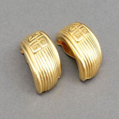 Givenchy Vintage Runway Haute Couture Gold Plated Logo Half Hoop Clip Earrings - Image 1 of 4