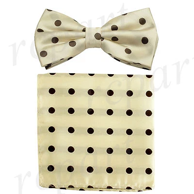 New Men's Microfiber Pre-tied Bow Tie & Pocket Square Hankie Cream Brown Dots - Image 1 of 4