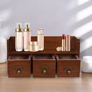 Retro 3 Drawers Wood Desktop Storage Cabinet Cosmetic Jewelry Organizing Cabinet - Picture 1 of 15