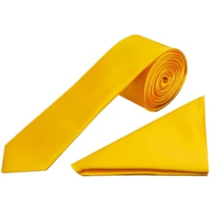 Plain Bright Yellow Satin Skinny Men's Tie and Pocket Square Set Wedding Formal - Picture 1 of 4