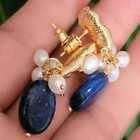 Pure handmade Lapis Lazuli + Fresh water pearl rice earrings Women Ear stud