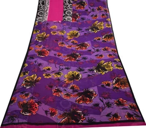 Sushila Vintage Purple Saree 100% Pure Georgette Silk Printed Birds Craft Fabric - Picture 1 of 10