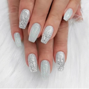 24pcs Silver Glitter Ombre Press On Nails Medium Coffin False Nail Set - Picture 1 of 5