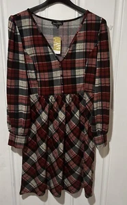 Suzanne Betro NWT Dress Womens L Red/ Black Plaid Button Detail V- Neck Dress - Picture 1 of 10