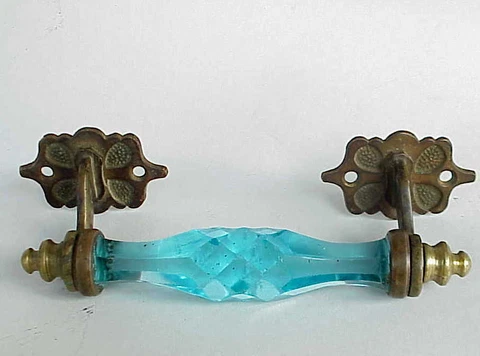 BEAUTIFUL Antique Blue Glass & Brass, Dresser Drawer? Handle Cover