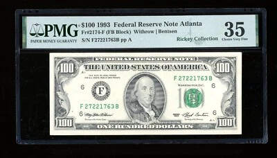 DBR 1993 $100 FRN Atlanta Fr. 2174-F PMG 35 Serial F27221763B - Image 1 of 2