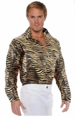CAMISA DISCOTECA HOMBRE 70S 80S DISFRAZ BAILE SÁBADO NOCHE FIEBRE TIGRE DORADO METÁLICO Foto 1 de 2