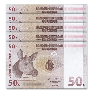 Congo Democratic Republic 50 Cent, 1997, Pick#84, Lot of 5 pcs, UNC - Picture 1 of 2