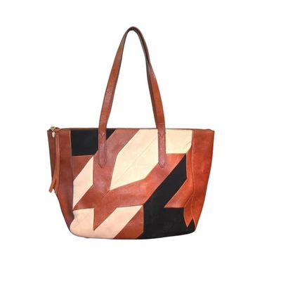 Bolso Shopper Fossil Sydney Marrón Negro Gamuza Cuero Crema Retazos 17"X11"X6" Foto 1 de 4