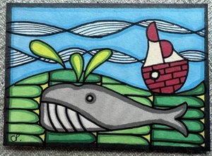 ACEO ORIGINAL ART Graffiti Folk Art “Whale & Boat” Artist Prue 2025 - Picture 1 of 5
