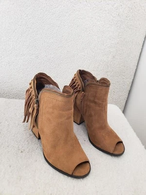 Dolce Vita Women Booties 10 Tan Peep Toe Fringe Block Heel Suede Western Shoes - Image 1 of 4